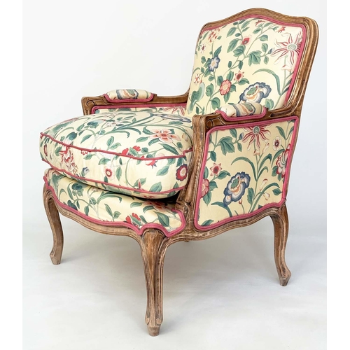 225 - BEREGERES, a pair, French walnut Louis XV style with Colefax and Fowler upholstery and feather fille... 