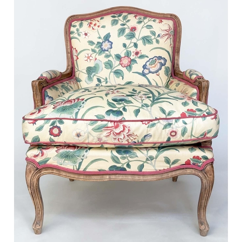 225 - BEREGERES, a pair, French walnut Louis XV style with Colefax and Fowler upholstery and feather fille... 