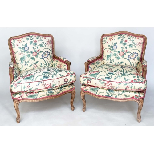 225 - BEREGERES, a pair, French walnut Louis XV style with Colefax and Fowler upholstery and feather fille... 