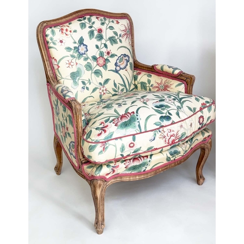 225 - BEREGERES, a pair, French walnut Louis XV style with Colefax and Fowler upholstery and feather fille... 