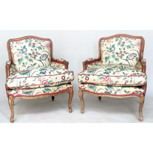 225 - BEREGERES, a pair, French walnut Louis XV style with Colefax and Fowler upholstery and feather fille... 