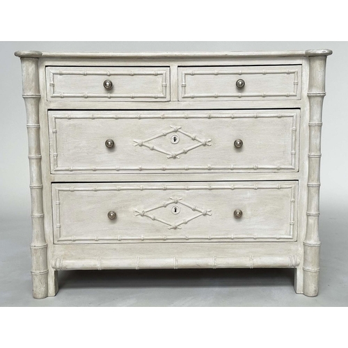 226 - FAUX BAMBOO CHEST, 19th century traditionally grey painted with two short above two long drawers, an... 