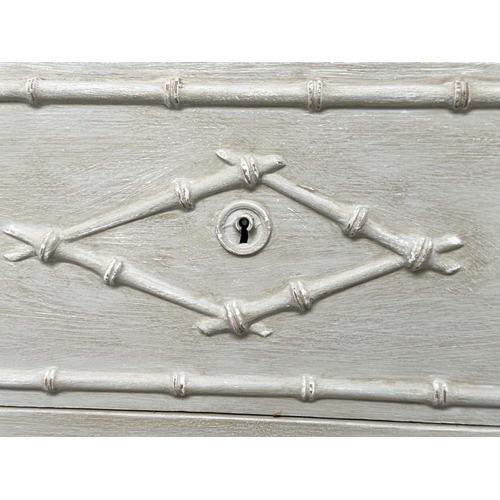 226 - FAUX BAMBOO CHEST, 19th century traditionally grey painted with two short above two long drawers, an... 