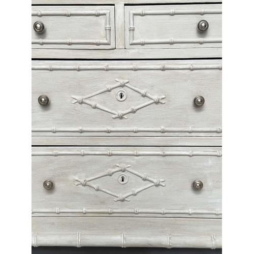 226 - FAUX BAMBOO CHEST, 19th century traditionally grey painted with two short above two long drawers, an... 