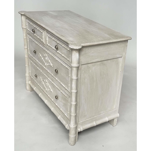 226 - FAUX BAMBOO CHEST, 19th century traditionally grey painted with two short above two long drawers, an... 