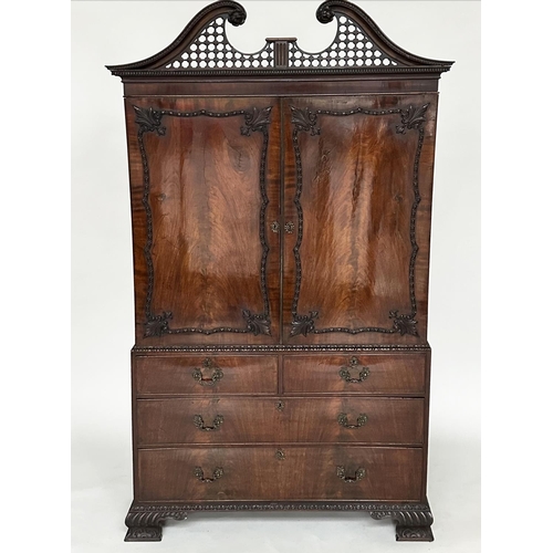 228 - LINEN PRESS, 18th century George III figured mahogany with swan neck cornice, carved panelled doors ... 