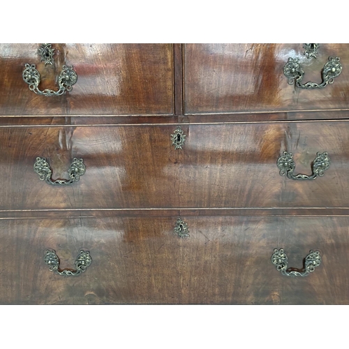 228 - LINEN PRESS, 18th century George III figured mahogany with swan neck cornice, carved panelled doors ... 