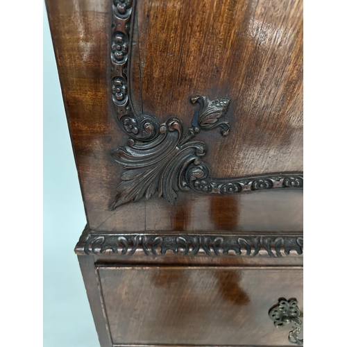 228 - LINEN PRESS, 18th century George III figured mahogany with swan neck cornice, carved panelled doors ... 