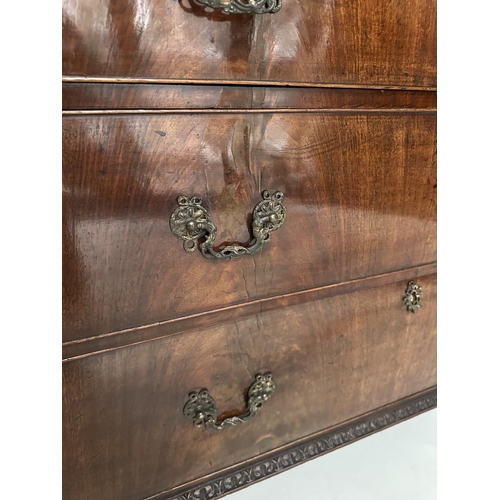 228 - LINEN PRESS, 18th century George III figured mahogany with swan neck cornice, carved panelled doors ... 