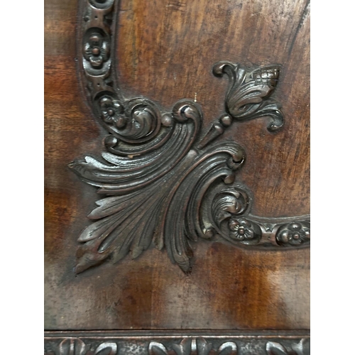 228 - LINEN PRESS, 18th century George III figured mahogany with swan neck cornice, carved panelled doors ... 