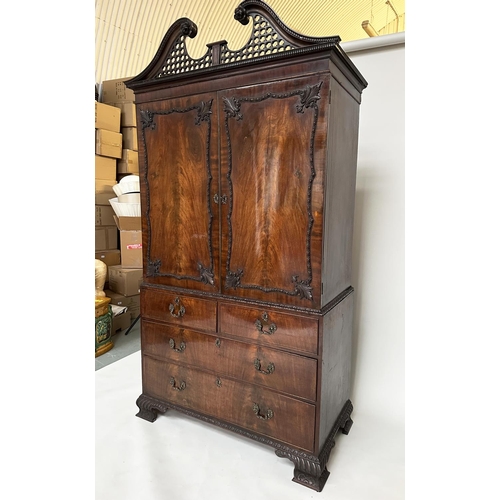 228 - LINEN PRESS, 18th century George III figured mahogany with swan neck cornice, carved panelled doors ... 