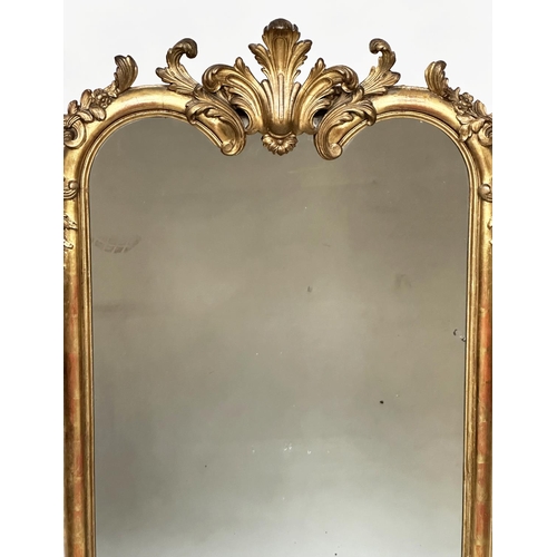 231 - WALL MIRROR, 19th French twin arched and crested giltwood and gesso with moulded foliate frame, 147c... 