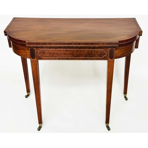 232 - TEA TABLE, George III figured mahogany and boxwood line inlaid of D outline foldover, 92cm W x 75cm ... 