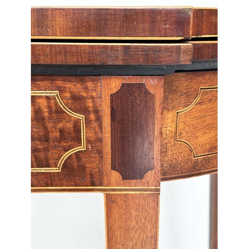 232 - TEA TABLE, George III figured mahogany and boxwood line inlaid of D outline foldover, 92cm W x 75cm ... 