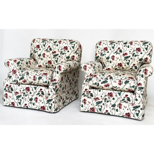 235 - ARMCHAIRS, a pair, Howard style with Colefax and Fowler secured trailing rose fabric upholstery and ... 