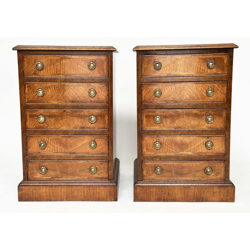 236 - BEDSIDE CHESTS, a pair, George III design figured walnut and crossbanded, each with four drawers, 77... 