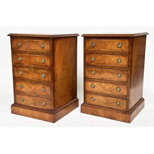 236 - BEDSIDE CHESTS, a pair, George III design figured walnut and crossbanded, each with four drawers, 77... 