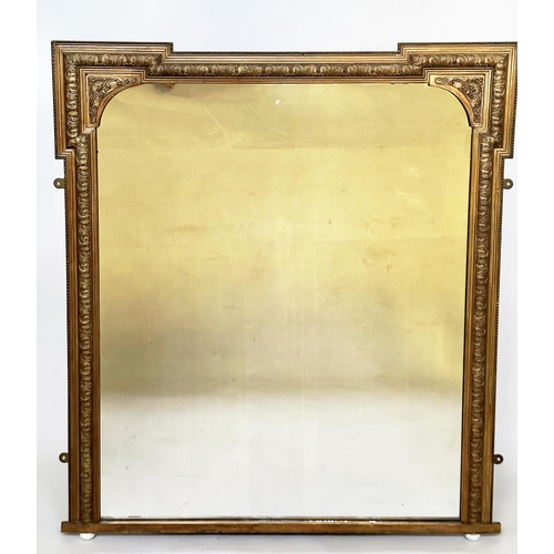 237 - OVERMANTEL MIRROR, late 19th century giltwood and composition rectangular with arched and beaded fra... 