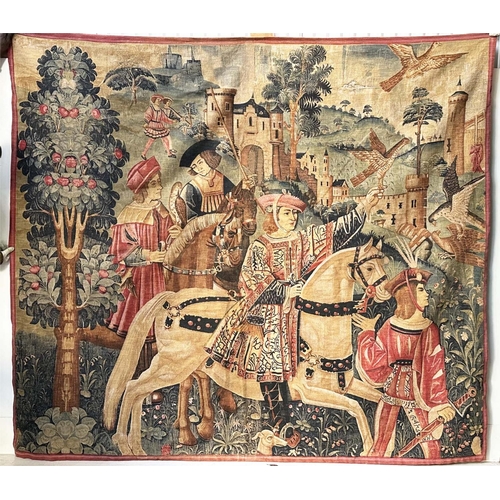 241 - WALL HANGING, 16th century style, Tapestry style depiction of courtly hunting scene, 212cm H x 241cm... 