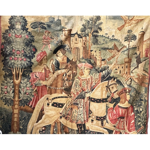 241 - WALL HANGING, 16th century style, Tapestry style depiction of courtly hunting scene, 212cm H x 241cm... 