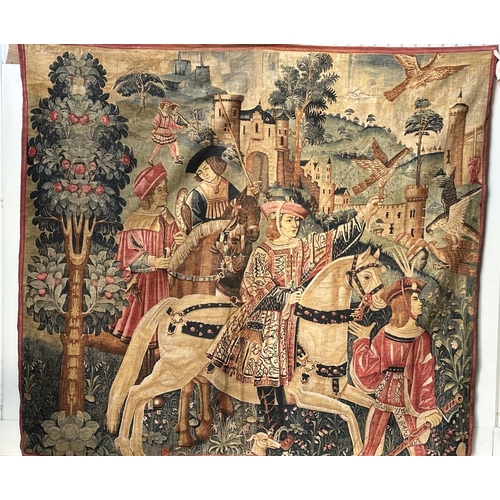 241 - WALL HANGING, 16th century style, Tapestry style depiction of courtly hunting scene, 212cm H x 241cm... 