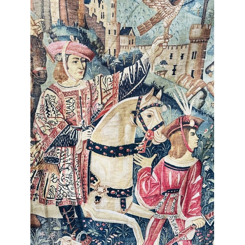 241 - WALL HANGING, 16th century style, Tapestry style depiction of courtly hunting scene, 212cm H x 241cm... 