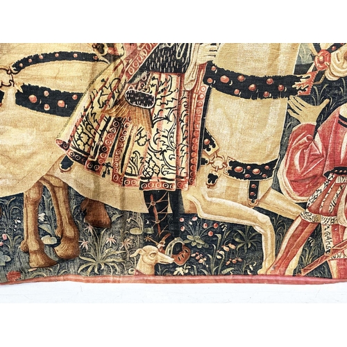 241 - WALL HANGING, 16th century style, Tapestry style depiction of courtly hunting scene, 212cm H x 241cm... 