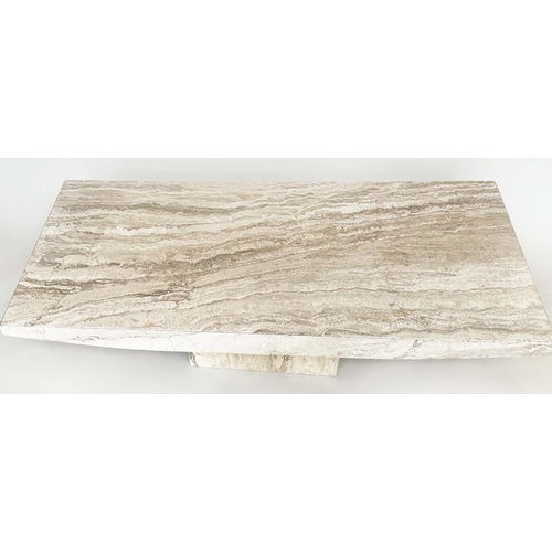 242 - TRAVERTINE LOW TABLE, 1970's Italian travertine marble rectangular with shaped sides and plinth base... 