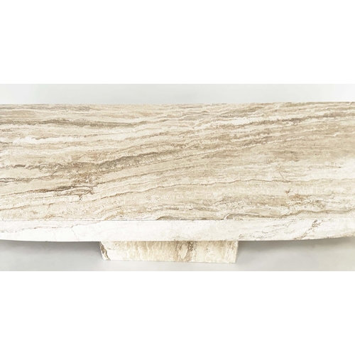 242 - TRAVERTINE LOW TABLE, 1970's Italian travertine marble rectangular with shaped sides and plinth base... 