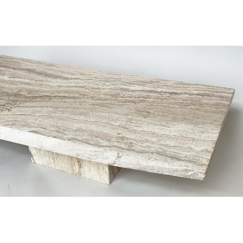 242 - TRAVERTINE LOW TABLE, 1970's Italian travertine marble rectangular with shaped sides and plinth base... 