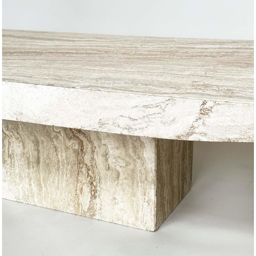 242 - TRAVERTINE LOW TABLE, 1970's Italian travertine marble rectangular with shaped sides and plinth base... 