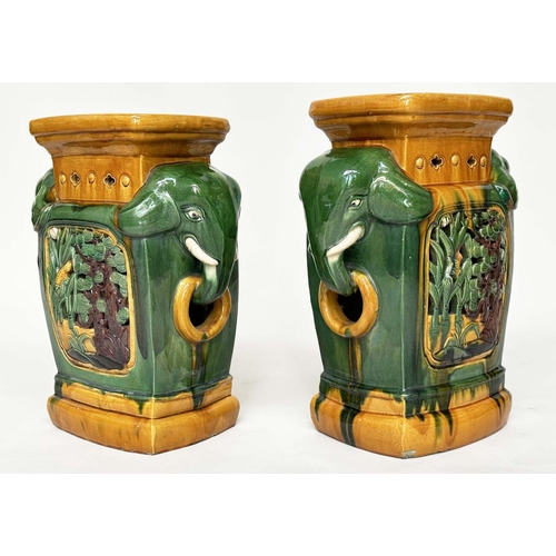 244 - ELEPHANT STANDS, a pair, Chinese style sancai ceramic with pierced sides, 49cm H x 38cm W x 21cm D. ... 