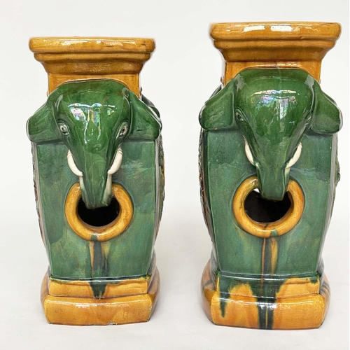 244 - ELEPHANT STANDS, a pair, Chinese style sancai ceramic with pierced sides, 49cm H x 38cm W x 21cm D. ... 