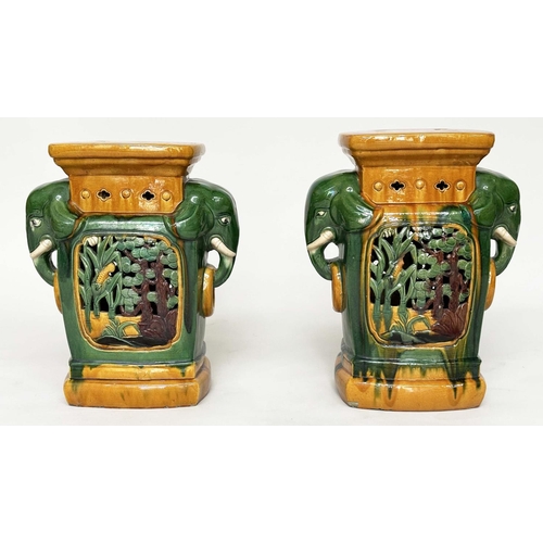 244 - ELEPHANT STANDS, a pair, Chinese style sancai ceramic with pierced sides, 49cm H x 38cm W x 21cm D. ... 