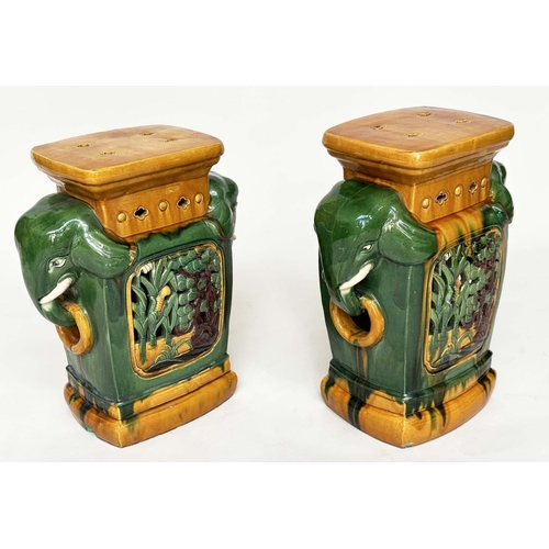 244 - ELEPHANT STANDS, a pair, Chinese style sancai ceramic with pierced sides, 49cm H x 38cm W x 21cm D. ... 