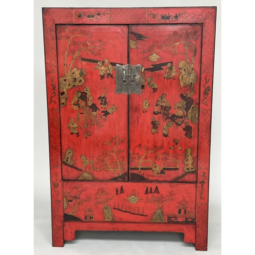 255 - MARRIAGE CABINET, early 20th century Chinese scarlet lacquered and gilt Chinoiserie decorated with t... 