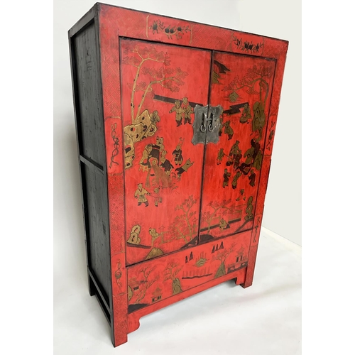 255 - MARRIAGE CABINET, early 20th century Chinese scarlet lacquered and gilt Chinoiserie decorated with t... 