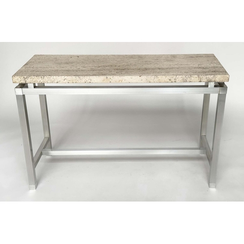 256 - TRAVERTINE CONSOLE TABLE, 1960s Italian rectangular marble raised on stepped gilt metal support, 123... 