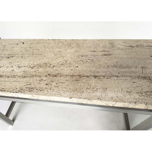 256 - TRAVERTINE CONSOLE TABLE, 1960s Italian rectangular marble raised on stepped gilt metal support, 123... 