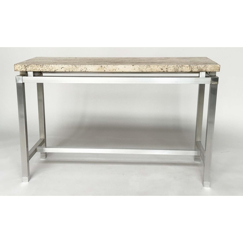 256 - TRAVERTINE CONSOLE TABLE, 1960s Italian rectangular marble raised on stepped gilt metal support, 123... 