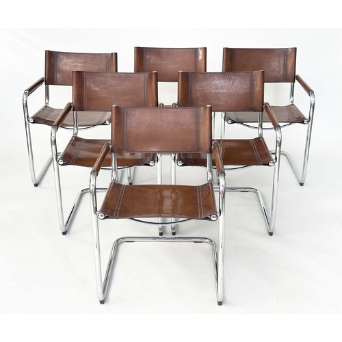 257 - FASEM DINING CHAIRS, a set of six, Italian stitched mid brown natural hide leather on cantilever chr... 