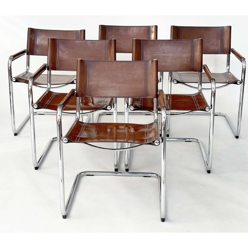 257 - FASEM DINING CHAIRS, a set of six, Italian stitched mid brown natural hide leather on cantilever chr... 