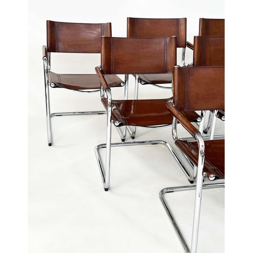 257 - FASEM DINING CHAIRS, a set of six, Italian stitched mid brown natural hide leather on cantilever chr... 