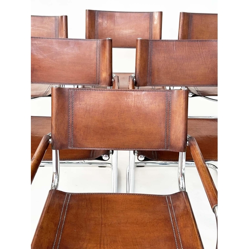 257 - FASEM DINING CHAIRS, a set of six, Italian stitched mid brown natural hide leather on cantilever chr... 