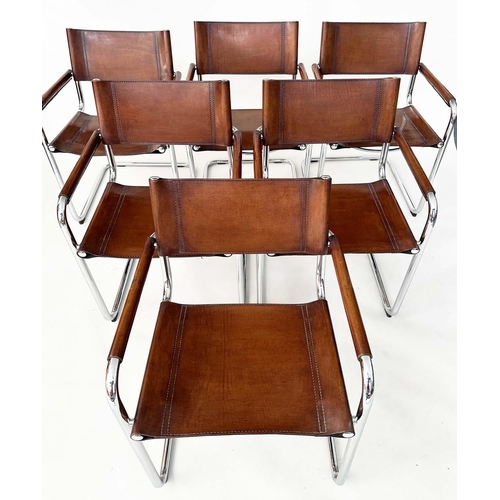 257 - FASEM DINING CHAIRS, a set of six, Italian stitched mid brown natural hide leather on cantilever chr... 