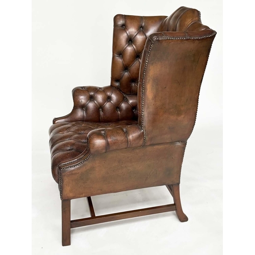 259 - WING ARMCHAIR, George III design mahogany with deep buttoned, nicely aged, mid brown tan hide leathe... 