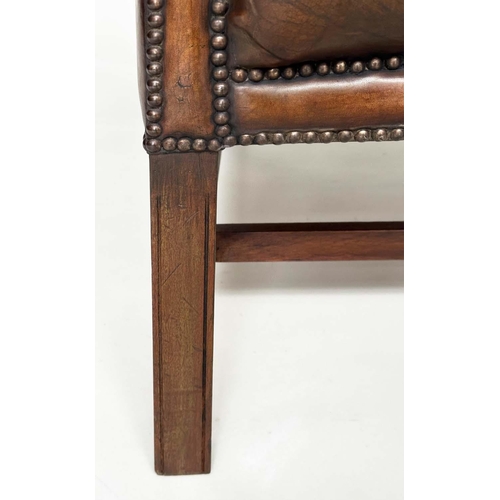 259 - WING ARMCHAIR, George III design mahogany with deep buttoned, nicely aged, mid brown tan hide leathe... 