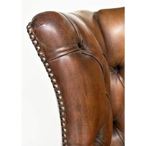 259 - WING ARMCHAIR, George III design mahogany with deep buttoned, nicely aged, mid brown tan hide leathe... 