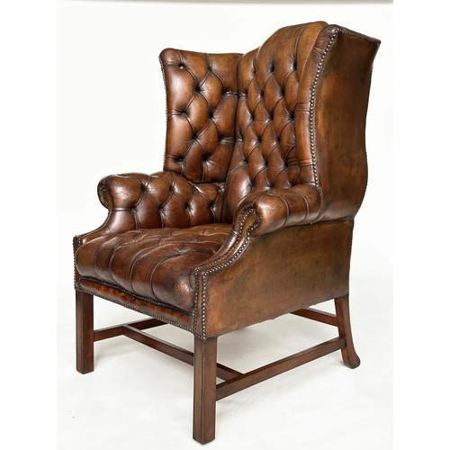 259 - WING ARMCHAIR, George III design mahogany with deep buttoned, nicely aged, mid brown tan hide leathe... 