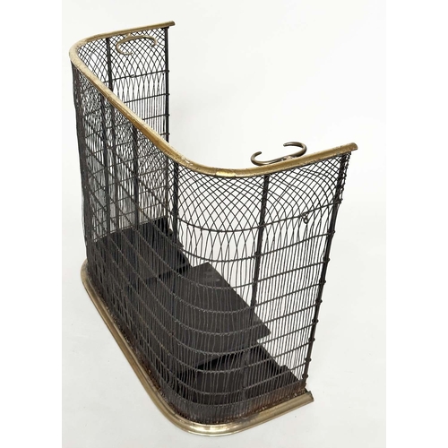 260 - NURSERY FENDER, Victorian wrought iron and mesh panelled with brass top and bottom rails and decorat... 